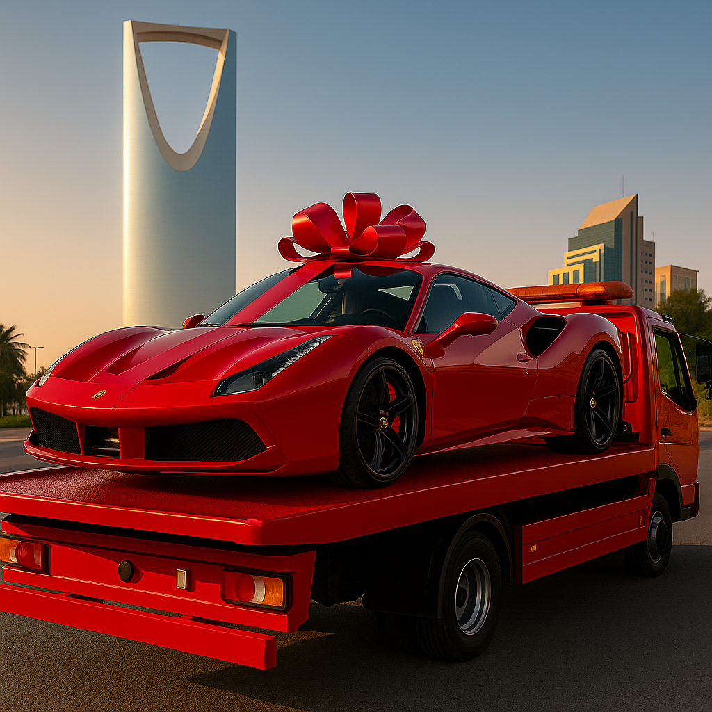 سطحة حمراء محملة بسيارة فيراري أمام برج المملكة بإضاءة احترافية